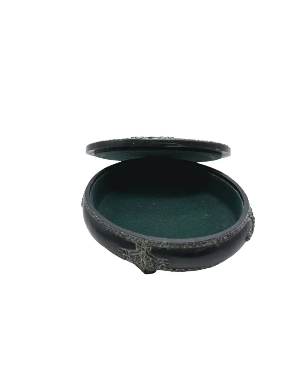 Vintage Black Oval Picture Frame Trinket Box Ornate Detailing, Velvet Interior